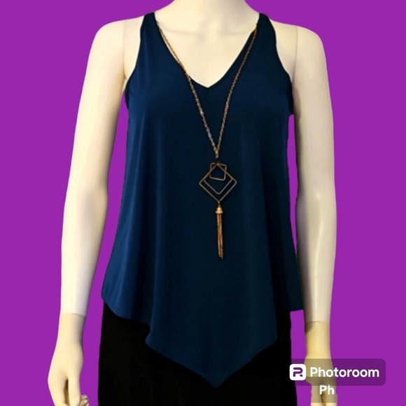 3/$30 FIRST LOVE Blue Necklace Assymetric V-Neck Sleeveless Camisole Slip Blouse - Picture 1 of 9